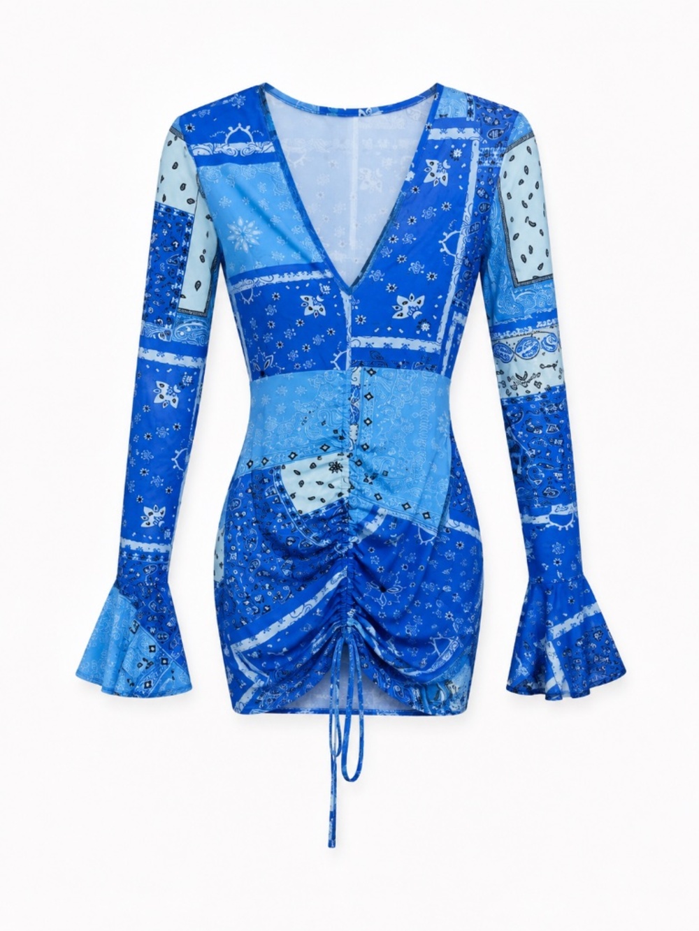 Blue Bandana Paisley Ruched Long Sleeve Mini Dress
